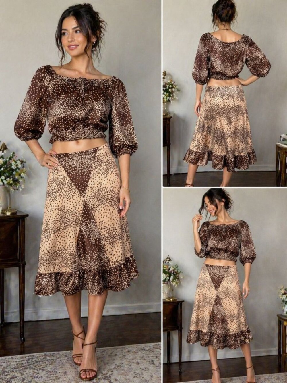 Vintage 1970s 2 Pc Skirt Set Brown Floral Mod Boho Cottagecore S/M
